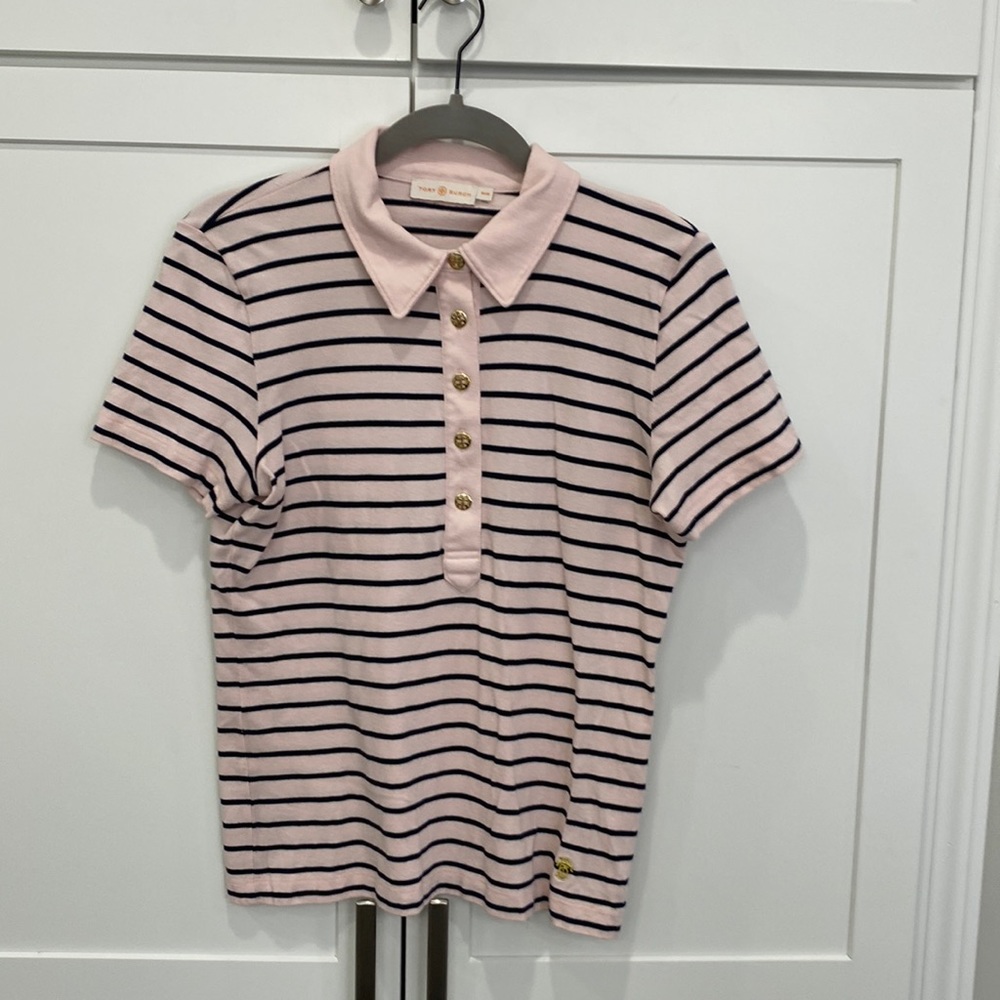Tory Burch Pink and Navy Striped Polo Top